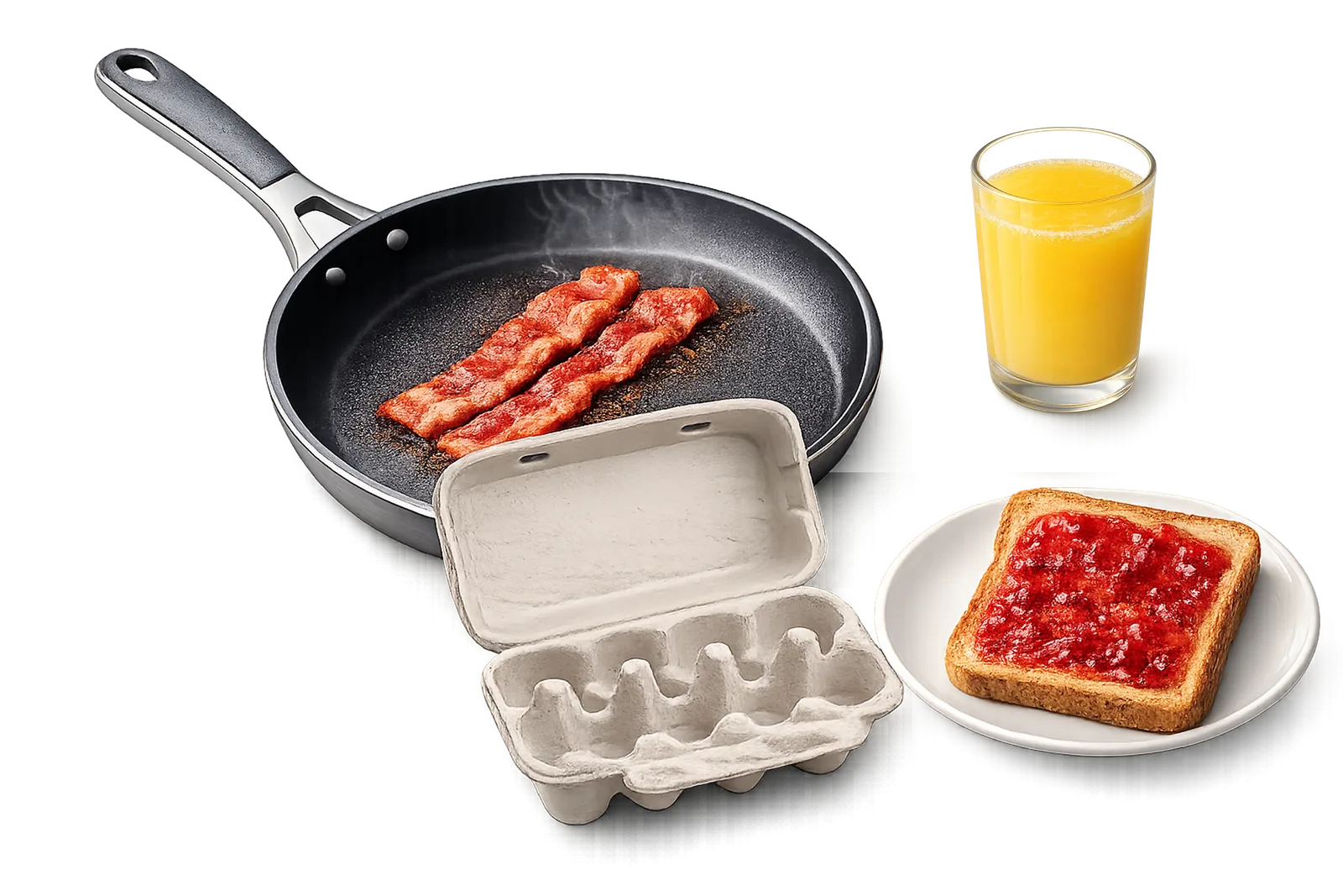 A breakfast almost ready — bacon in the pan, toast, juice, and an empty egg carton